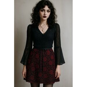 Whimsigoth Witchy Vamp Goth Shimmer Petite S Black Red Floral Lace A-Line Skirt